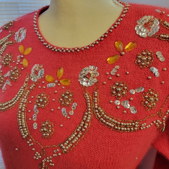 Vintage Angora Silk Blend Sweater Red Holiday Beaded Karen Scott Size Medium - Picture 2 of 15